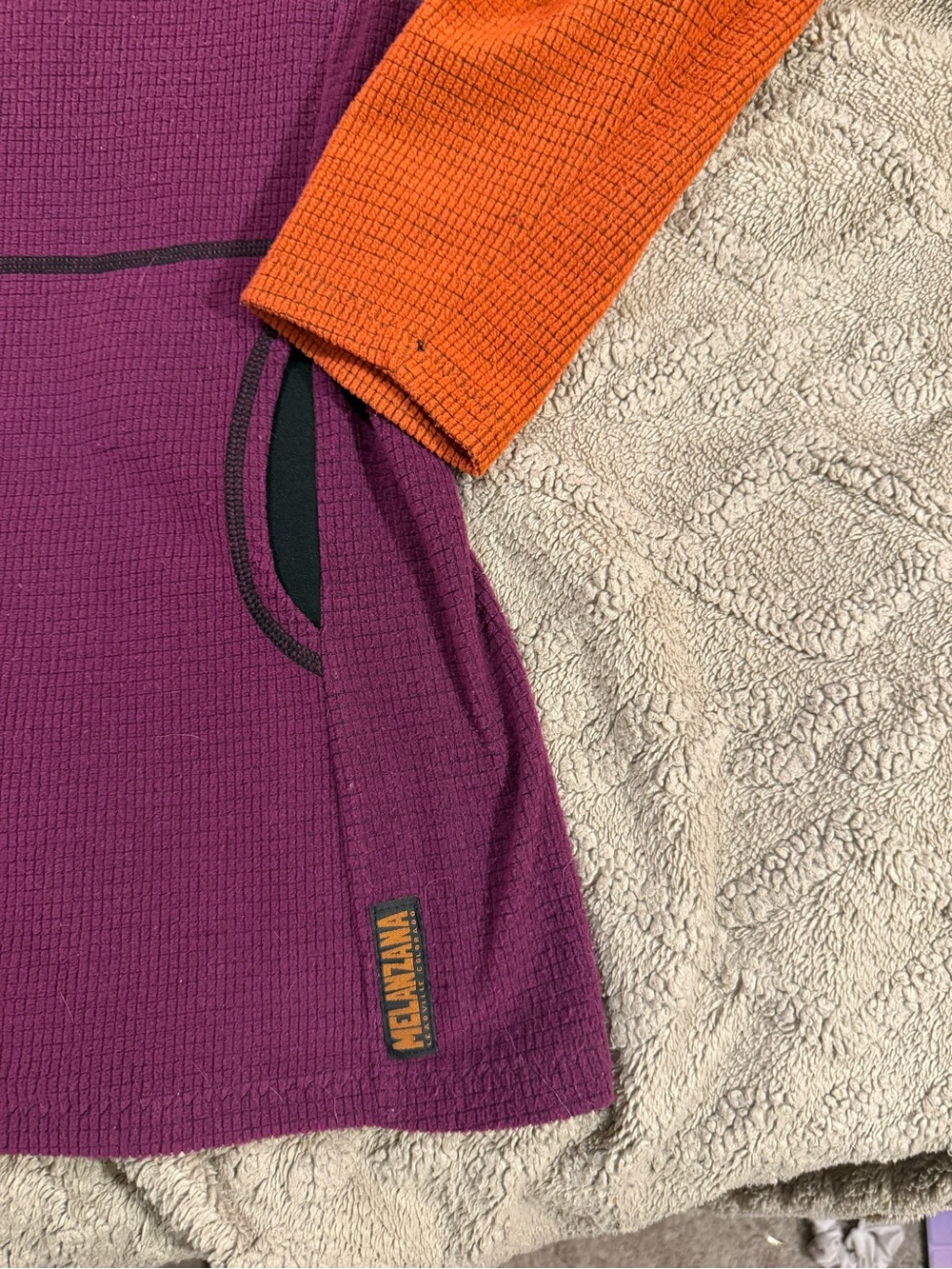 Melanzana Two-Tone Hooded Waffle Knit Pullover - Purple & Orange - Picture 2 of 4
